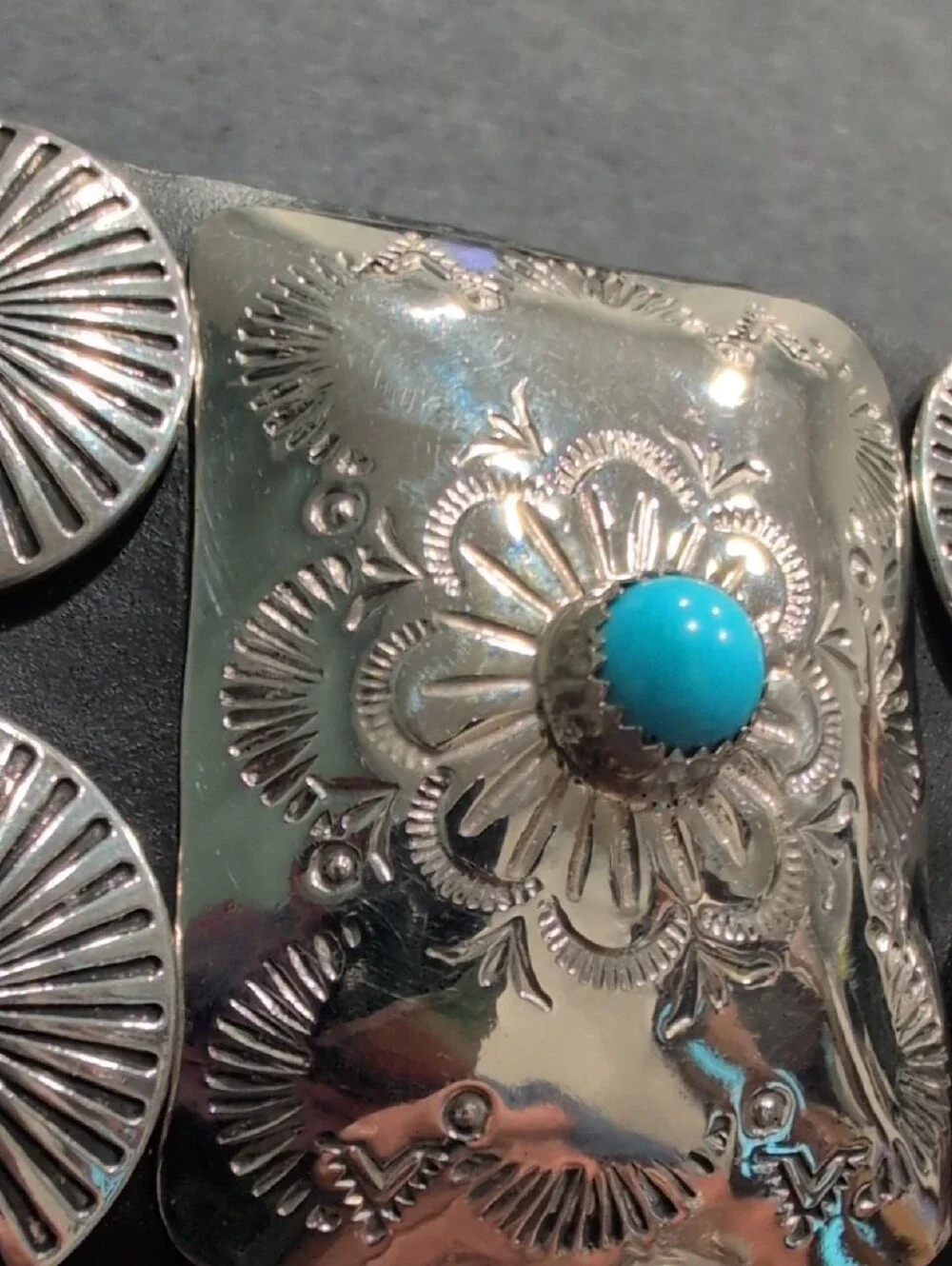 Turquoise Accent Nickel Silver Concho Black Leather Bracelet